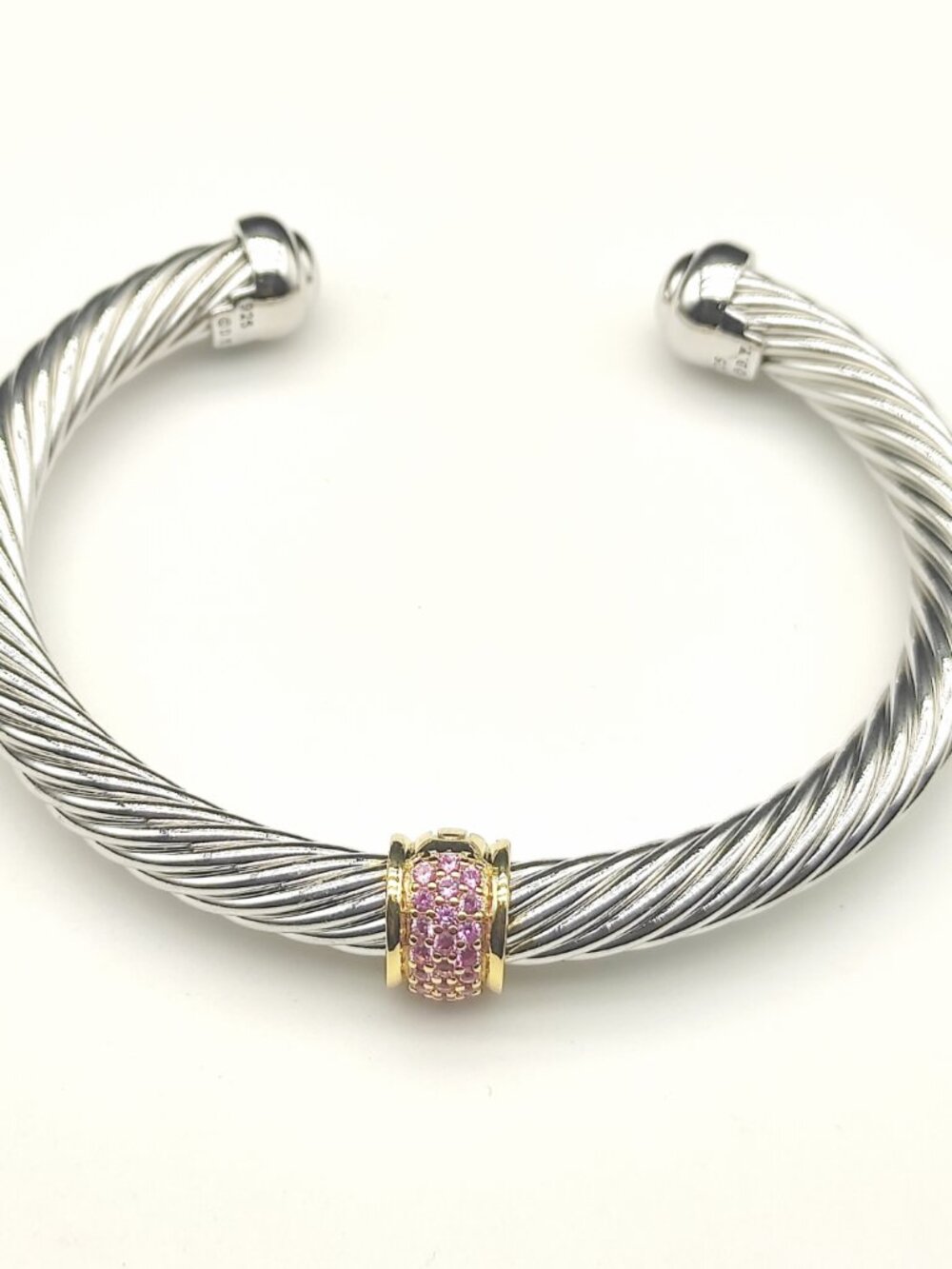 🍓🍓🍓David Yurman 7mm Silver Gold Bead Pink Diamond Bracelet